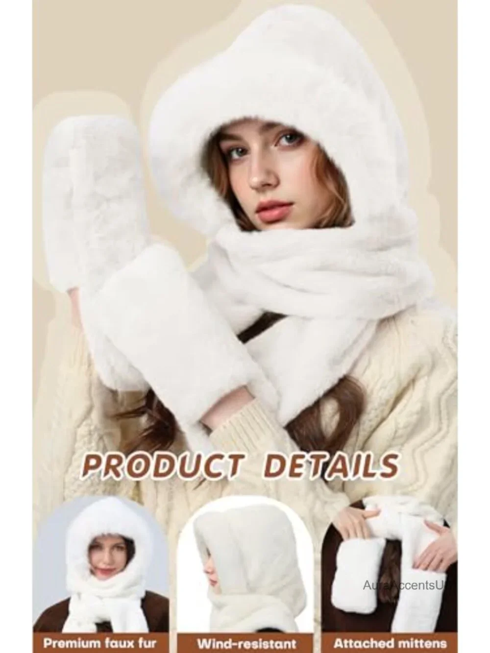 3 in 1 Winter Hooded Scarf Set with Faux Fur Trim Hat and Gloves